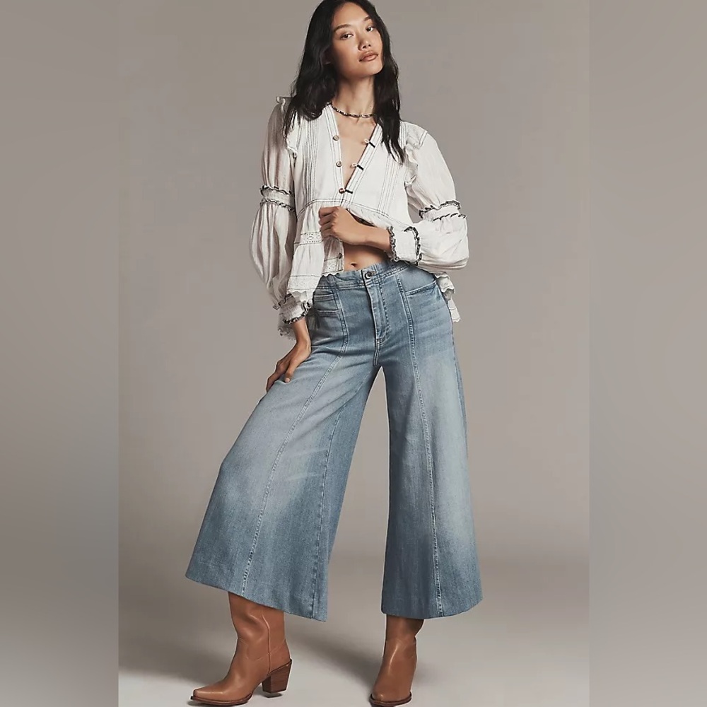 Anthropologie Pilcro Grassland Mid Rise Wide Leg Crop Jeans 27P Button moved